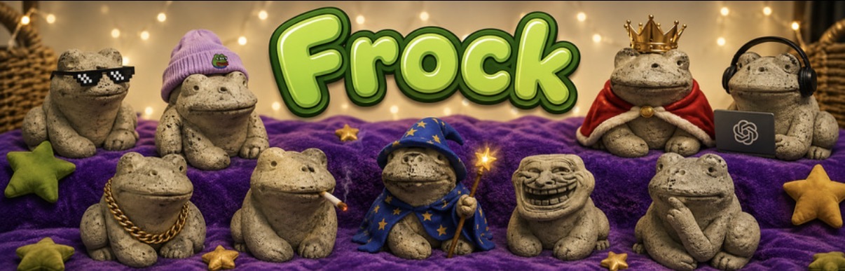 A kingdom of stone frogs on purple velvet