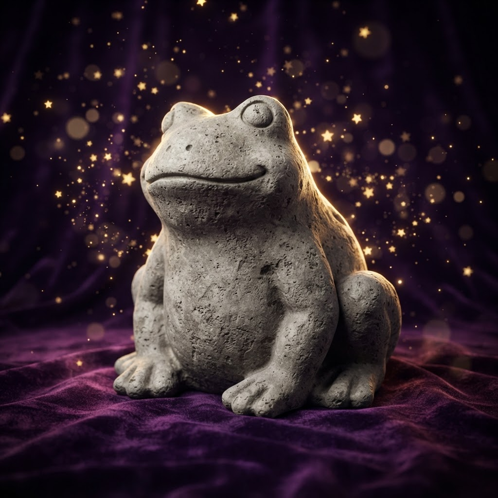 The FROCK stone frog mascot on purple velvet